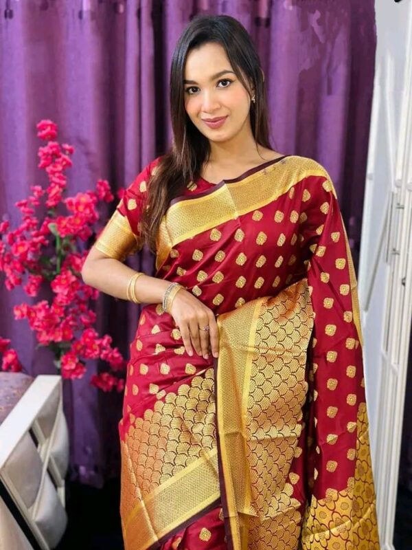 Meroon and Golden Katan Saree কাতান শাড়ি ম্যাচিং ব্লাউজ পিস সহ