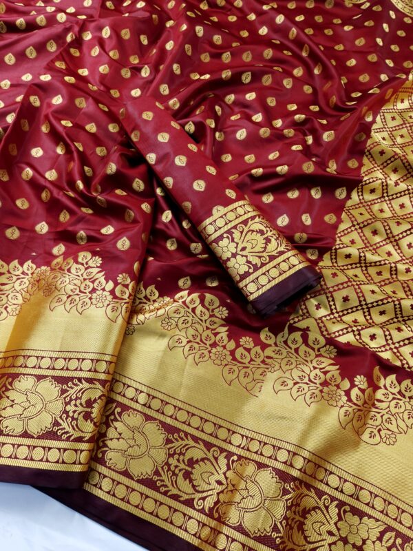 Maroon Katan Saree কাতান শাড়ি ম্যাচিং ব্লাউজ পিস সহ - Image 3